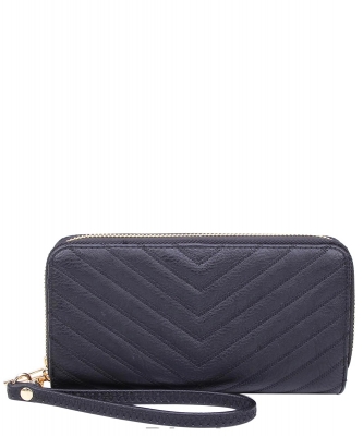 Chevron Quilted Double Zip Around Wallet Wristlet QA0012 BLACK